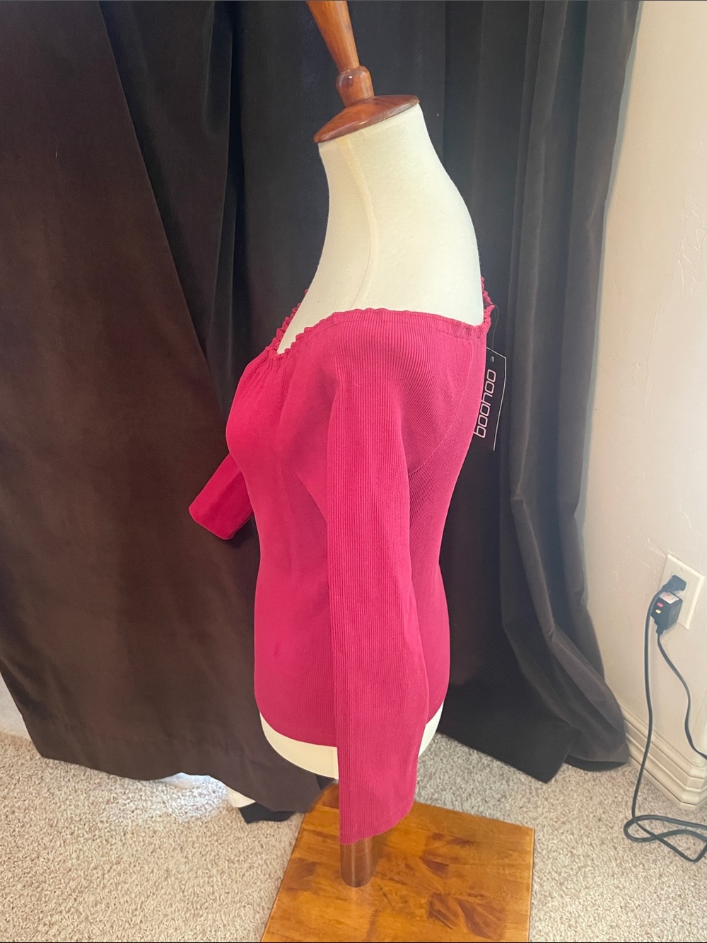 Boohoo Off-Shoulder Ribbed Top - Raspberry - Picture 3 of 9